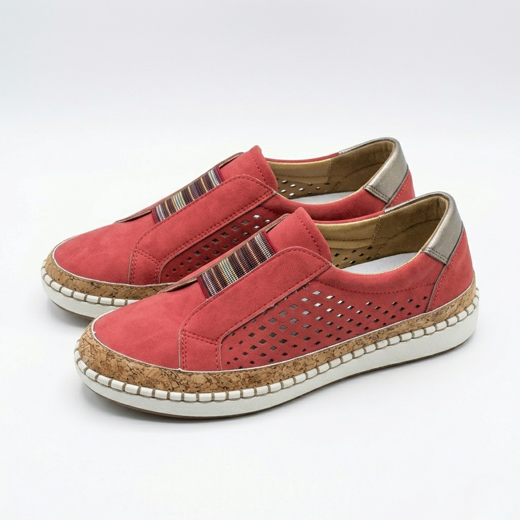Women's Orthopedic Slip-On Loafers with Perforated Side Panels and Striped Elastic Band Detail