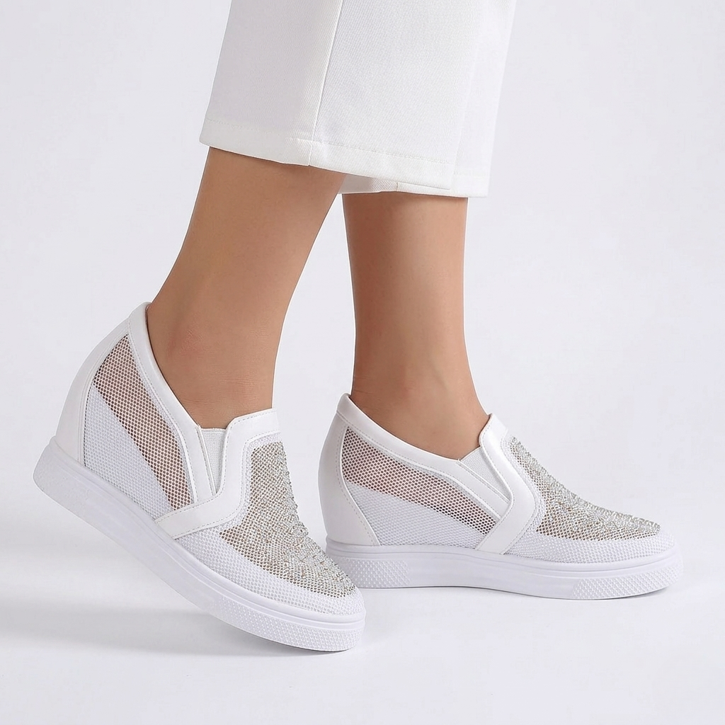 Women's Hidden Wedge Sneakers with Mesh Panels and Rhinestone Detail