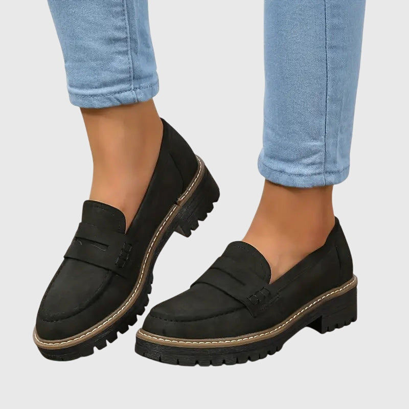 Women's Lug Sole Penny Loafers with Contrast Stitching