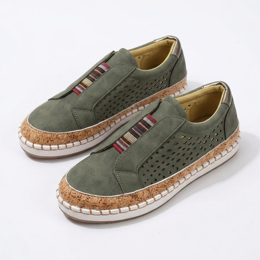 Women's Orthopedic Slip-On Loafers with Perforated Side Panels and Striped Elastic Band Detail