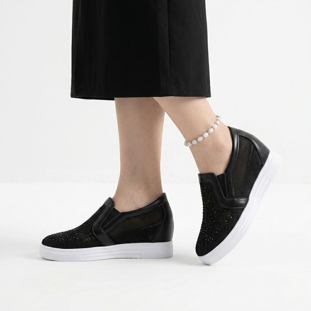 Women's Hidden Wedge Sneakers with Mesh Panels and Rhinestone Detail