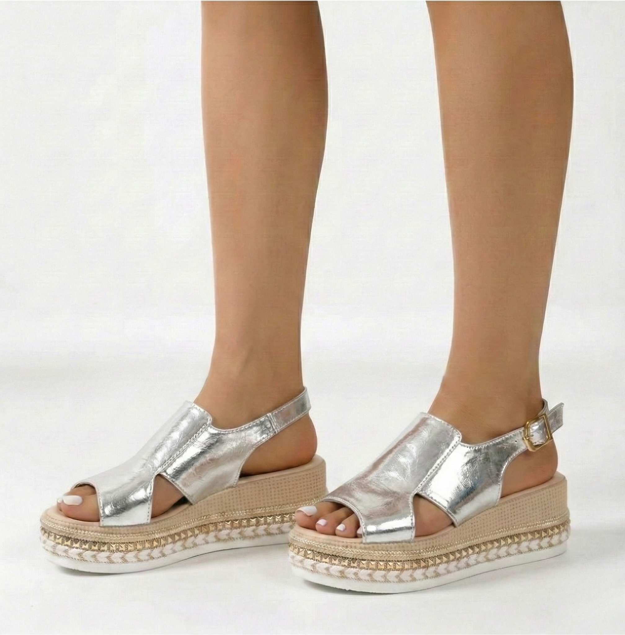 Women's Metallic Leather Summer Sandals with Soft Wedges