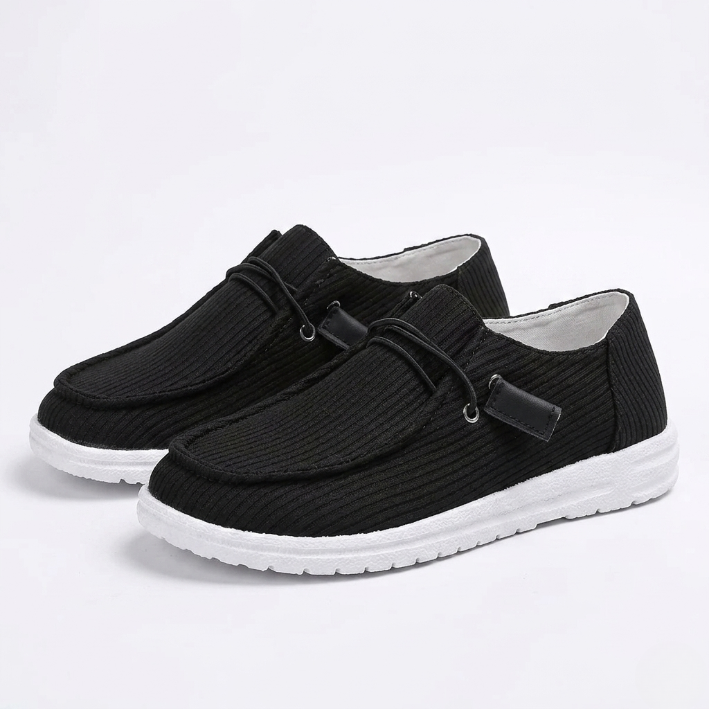 Women's Orthopedic Ribbed Slip-On Shoes with Contrast Sole and Minimalist Lace Detail