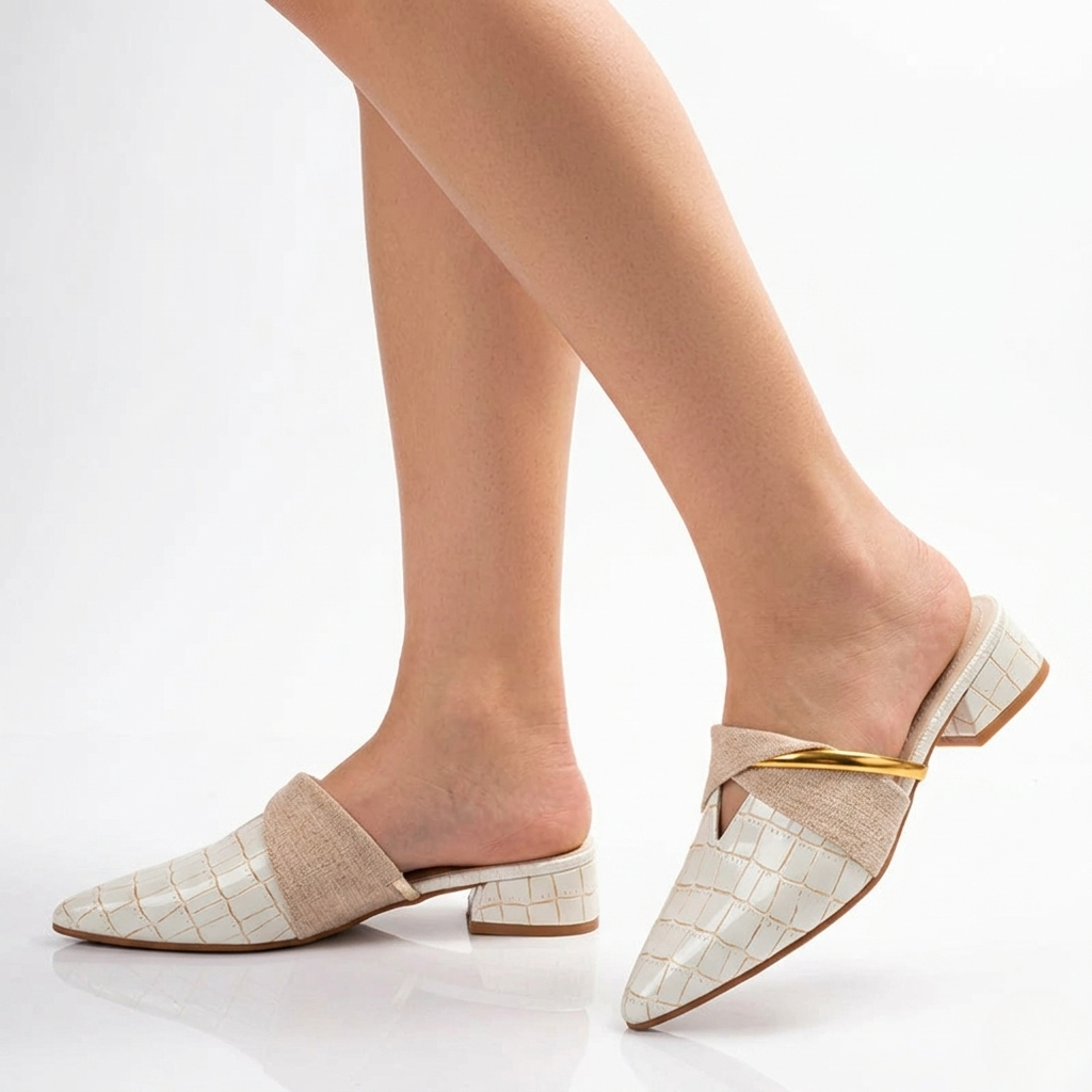 Women's Pointed Toe Mules with Gold Detail and Linen Cross Strap