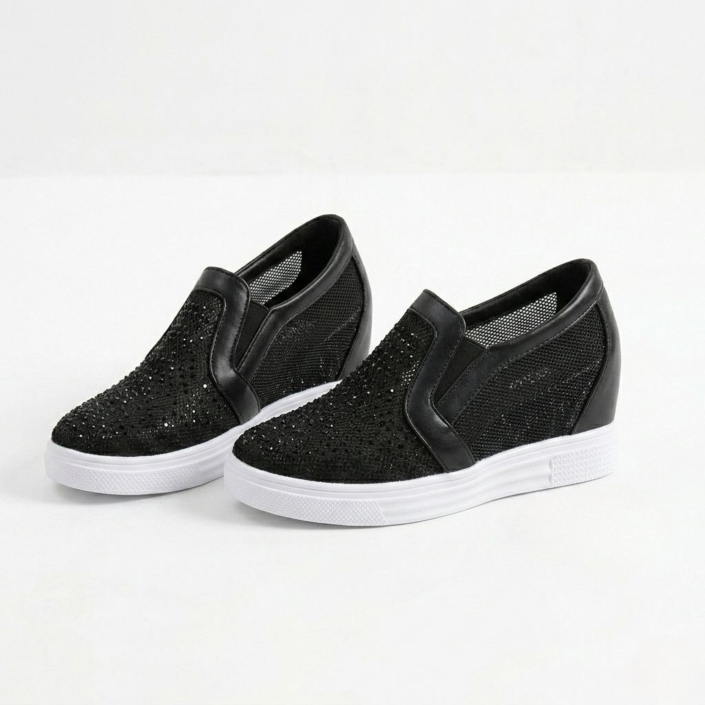 Women's Hidden Wedge Sneakers with Mesh Panels and Rhinestone Detail