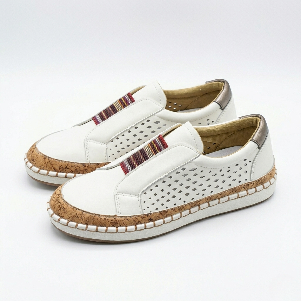 Women's Orthopedic Slip-On Loafers with Perforated Side Panels and Striped Elastic Band Detail