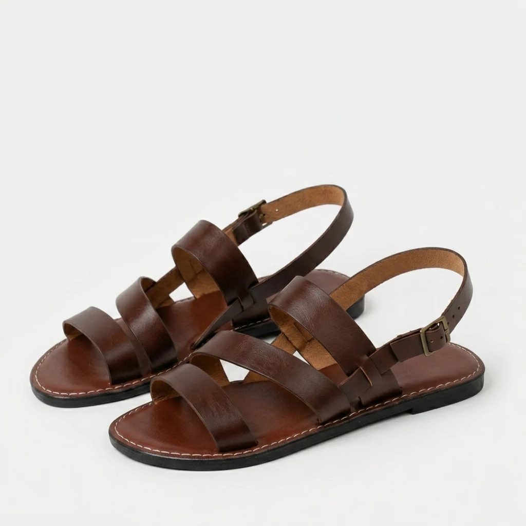 Women's Orthopedic Leather Sandals with Multi-Strap Design and Buckle Closure