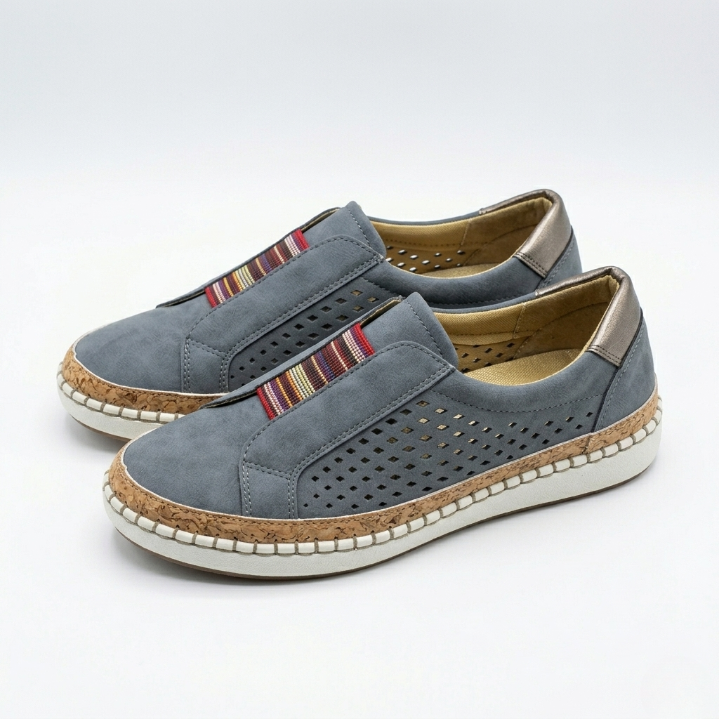 Women's Orthopedic Slip-On Loafers with Perforated Side Panels and Striped Elastic Band Detail