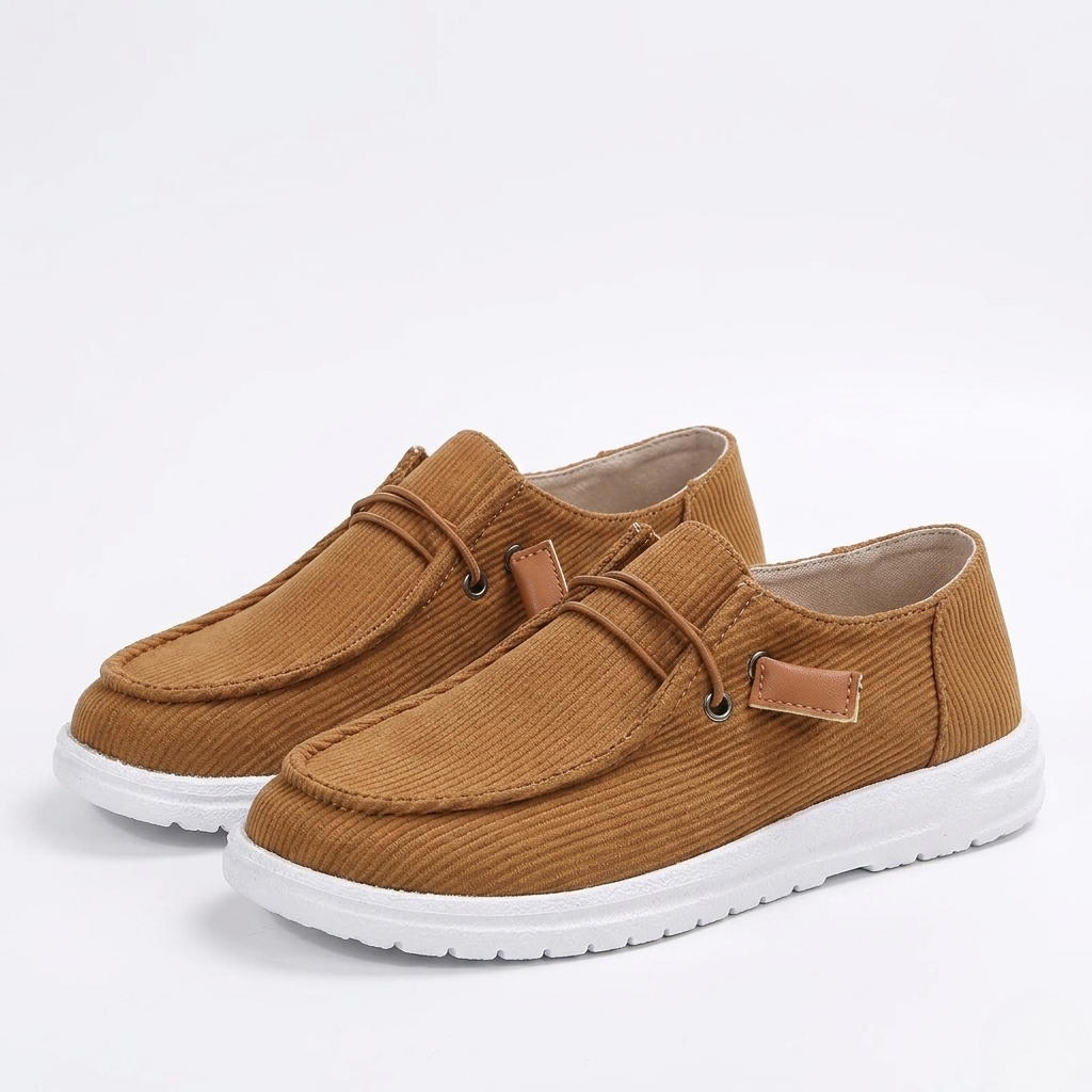 Women's Orthopedic Ribbed Slip-On Shoes with Contrast Sole and Minimalist Lace Detail
