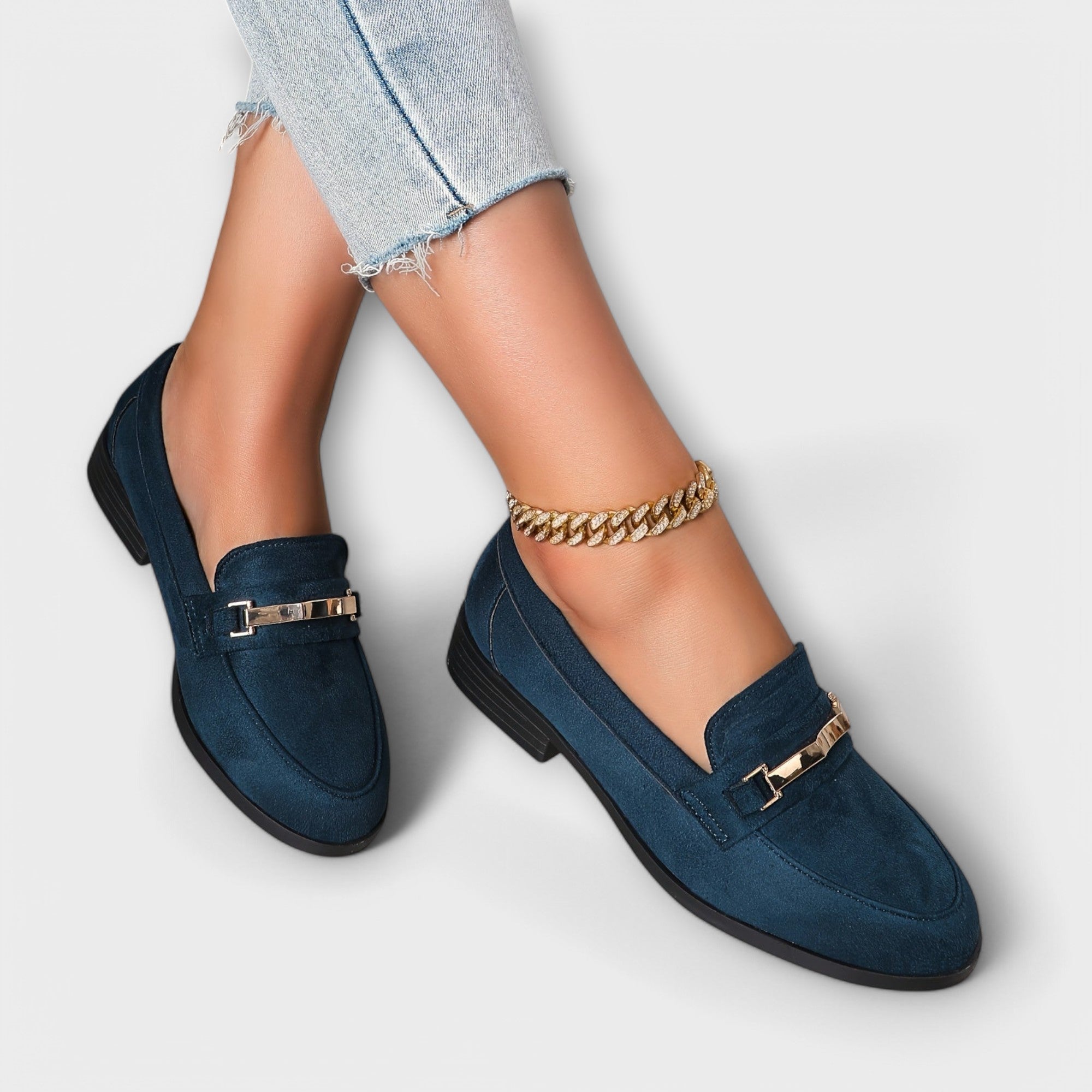 Women's Orthopedic Loafer Flats with Gold Buckle and Pointed Toe