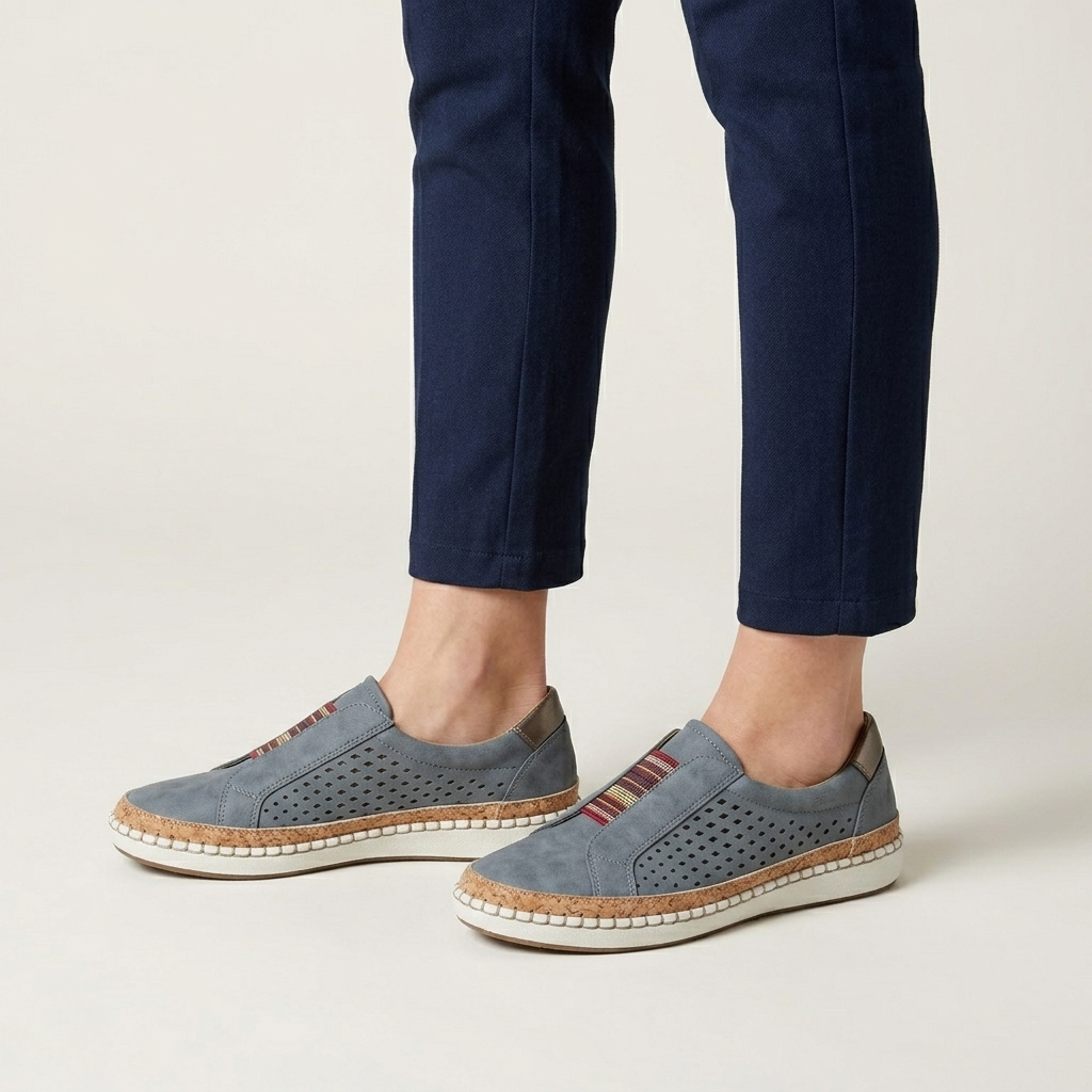 Women's Orthopedic Slip-On Loafers with Perforated Side Panels and Striped Elastic Band Detail