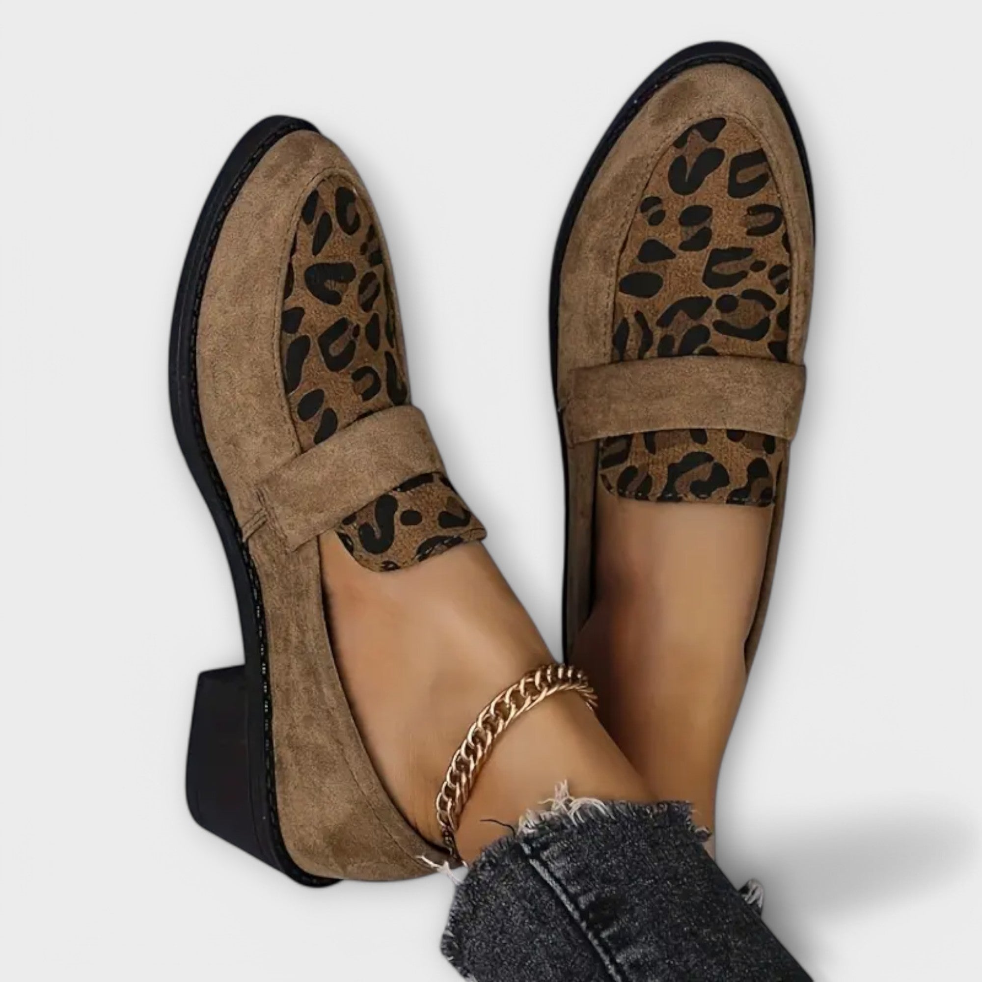 Women's Brown Orthopedic Block Heel Loafers with Leopard Print and Round Toe