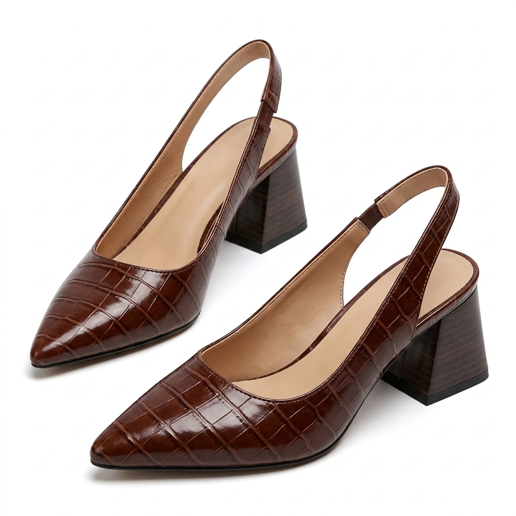 Women's Pointed-Toe Slingback Pumps with Glossy Finish and Block Heel
