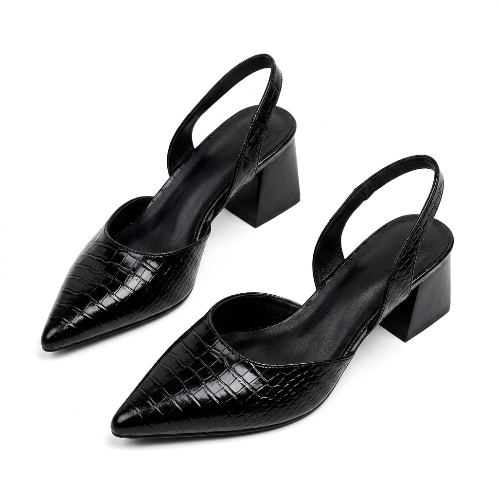 Women's Pointed-Toe Slingback Pumps with Glossy Finish and Block Heel