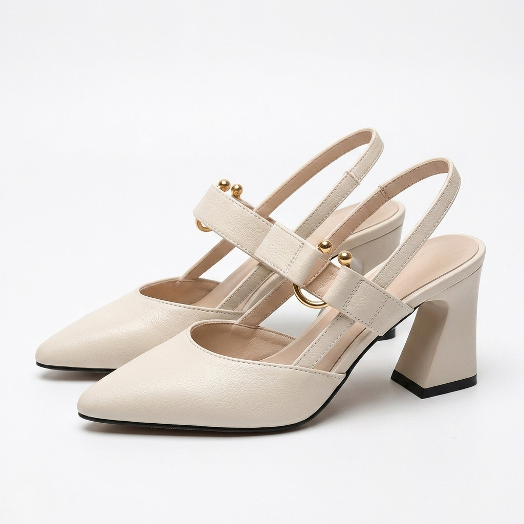 Women's Pointed Toe Block Heels with Metal Hardware