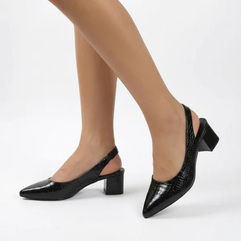 Women's Pointed-Toe Slingback Pumps with Glossy Finish and Block Heel