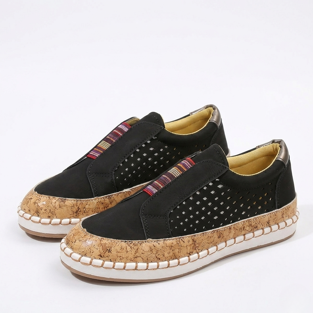 Women's Orthopedic Slip-On Loafers with Perforated Side Panels and Striped Elastic Band Detail