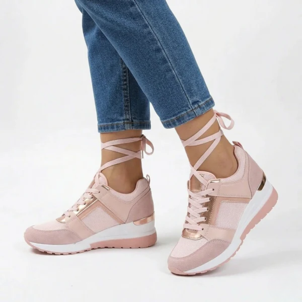 Women's Orthopedic Lace-Up Sneakers with Metallic Trim and Perforated Side Panels