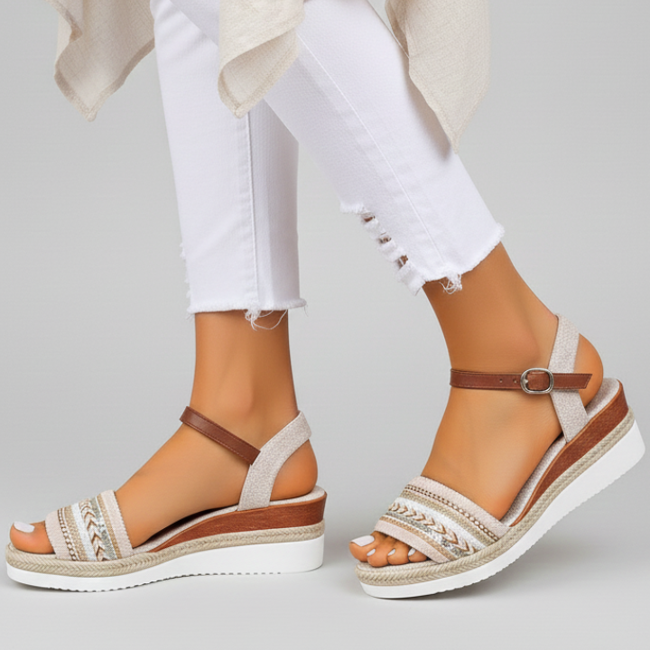 Women's Brown Orthopedic Wedge Sandals with Ankle Strap and Braided Detail