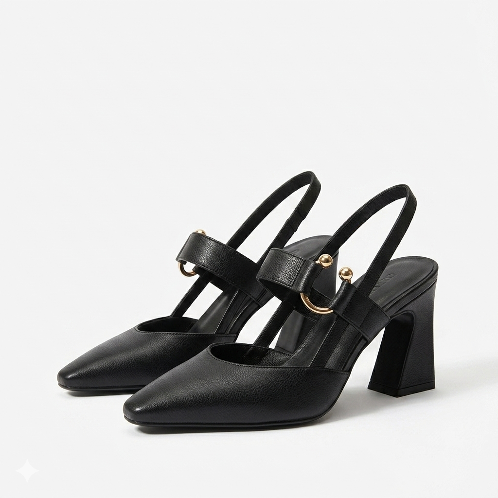 Women's Pointed Toe Block Heels with Metal Hardware