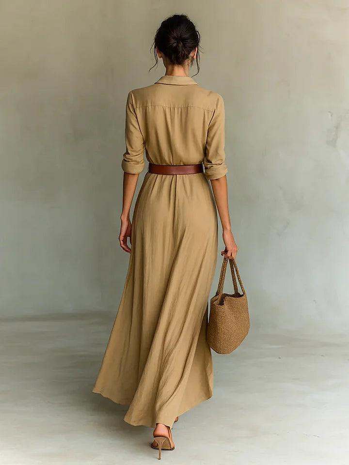 Women Maxi Dress Button Front Shirt Dress Long Sleeve Ruched