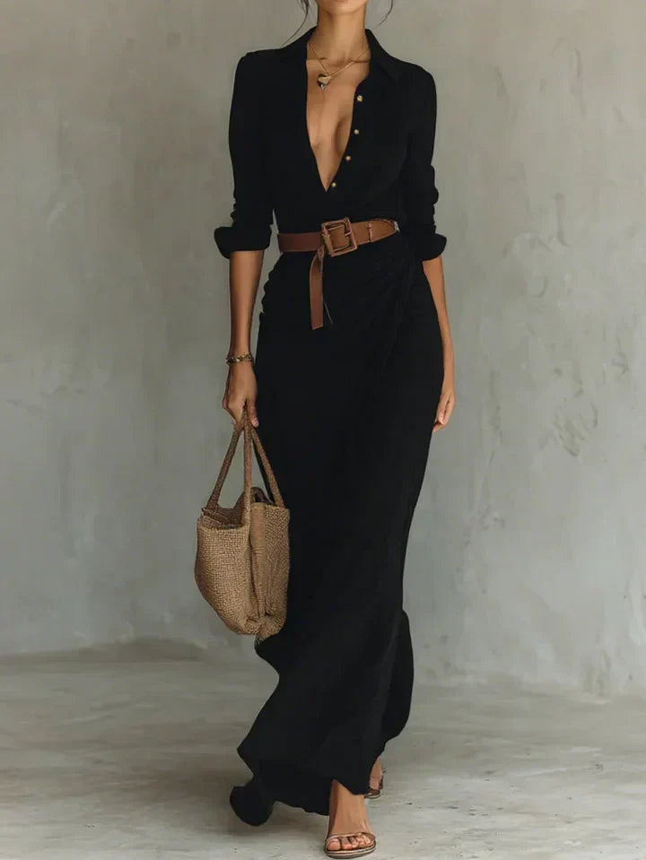 Women Maxi Dress Button Front Shirt Dress Long Sleeve Ruched