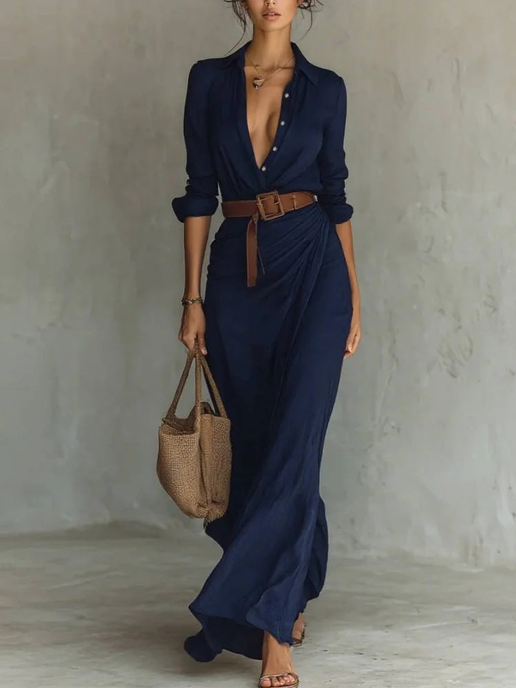 Women Maxi Dress Button Front Shirt Dress Long Sleeve Ruched