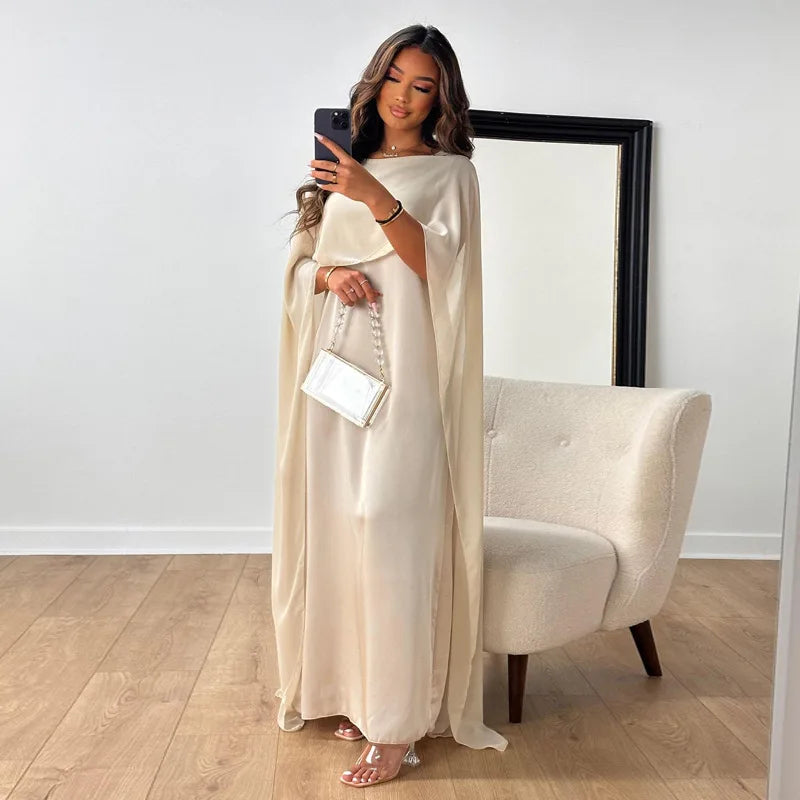 Women Maxi Dress Wedding Guest Formal Boat Neck Cape Gown