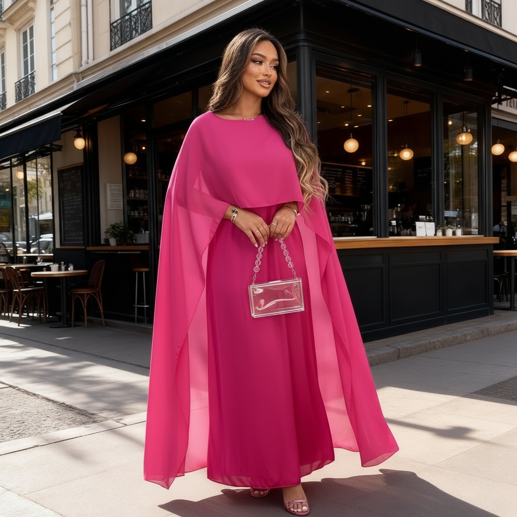 Women Maxi Dress Wedding Guest Formal Boat Neck Cape Gown