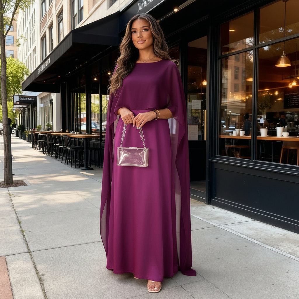 Women Maxi Dress Wedding Guest Formal Boat Neck Cape Gown