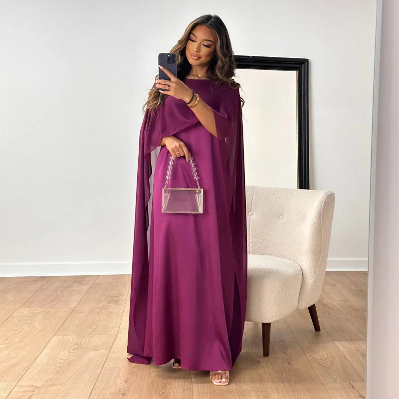 Women Maxi Dress Wedding Guest Formal Boat Neck Cape Gown