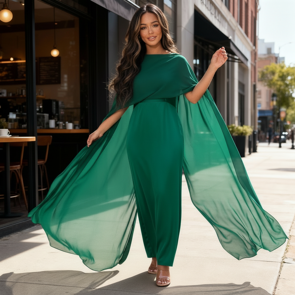Women Maxi Dress Wedding Guest Formal Boat Neck Cape Gown