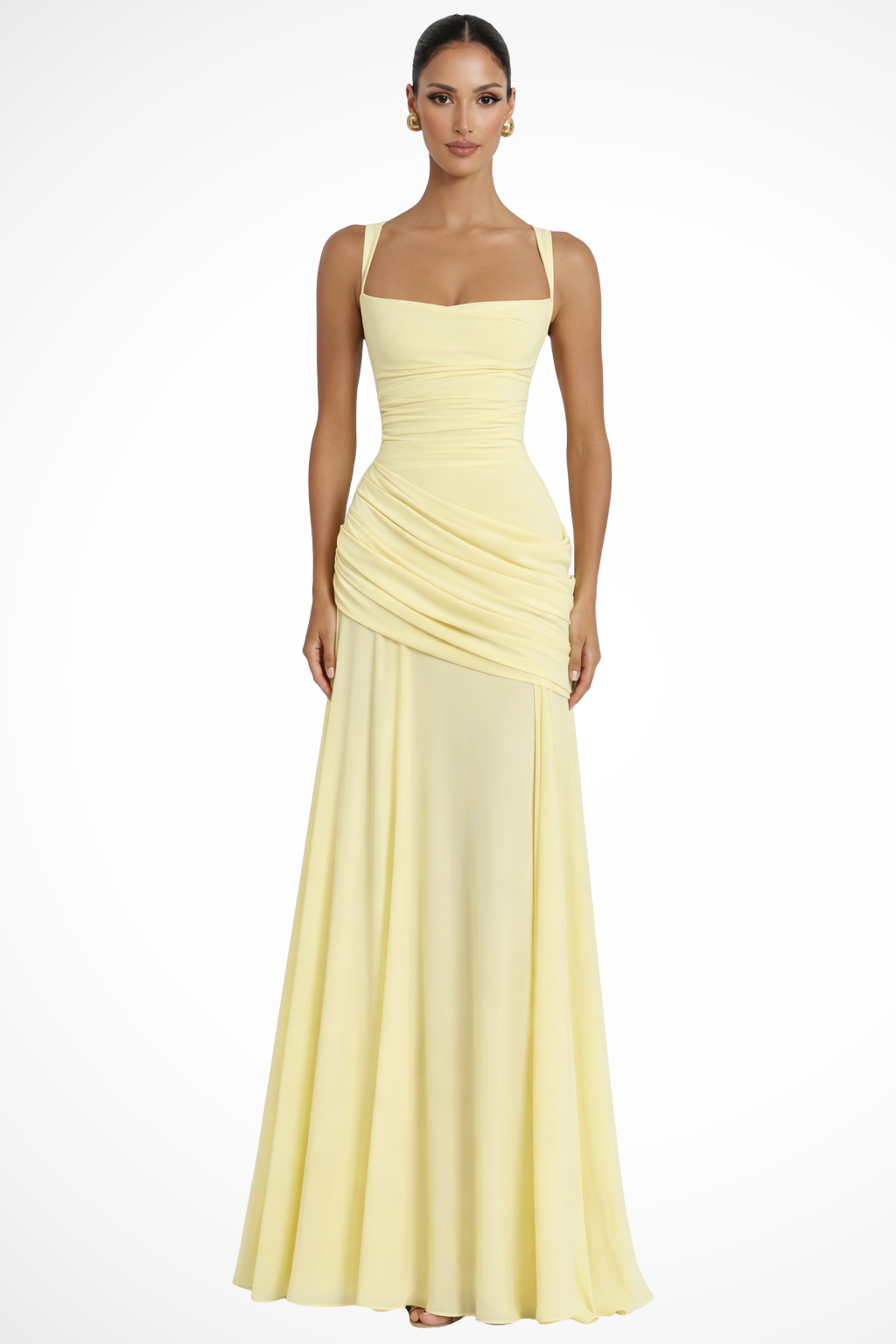 Women Maxi Dress Wedding Guest Formal Square Neck Ruched Gown