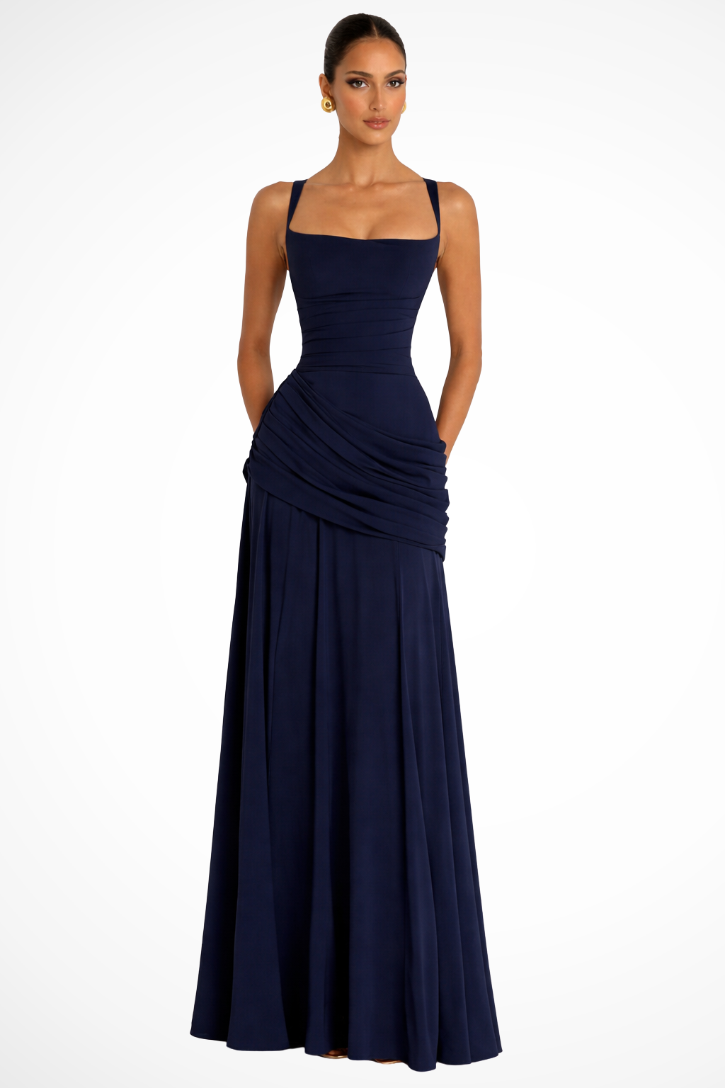 Women Maxi Dress Wedding Guest Formal Square Neck Ruched Gown