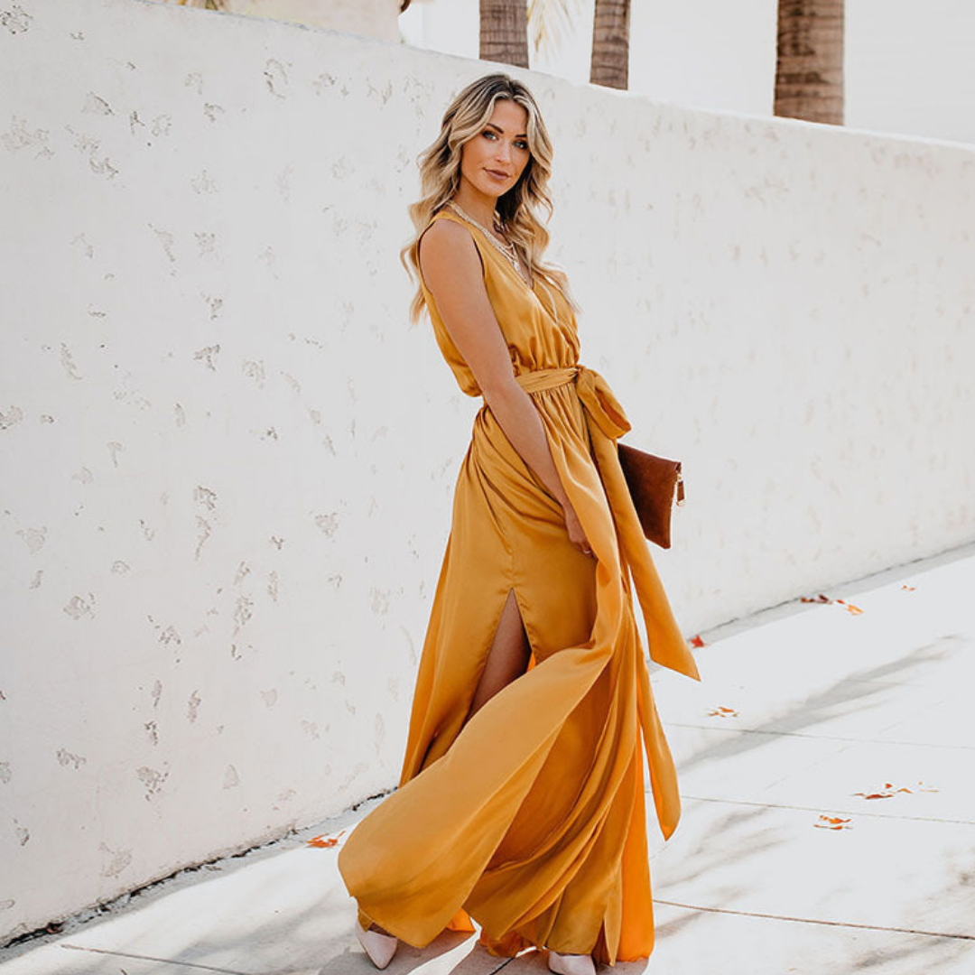 Women Maxi Dress Wedding Guest Sleeveless Tie Waist Formal Dress
