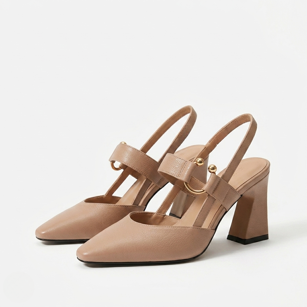 Women's Pointed Toe Block Heels with Metal Hardware