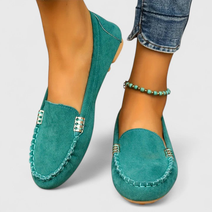 Women's Ergonomic Driving Moccasins with Whipstitch Detail and Metallic Accents