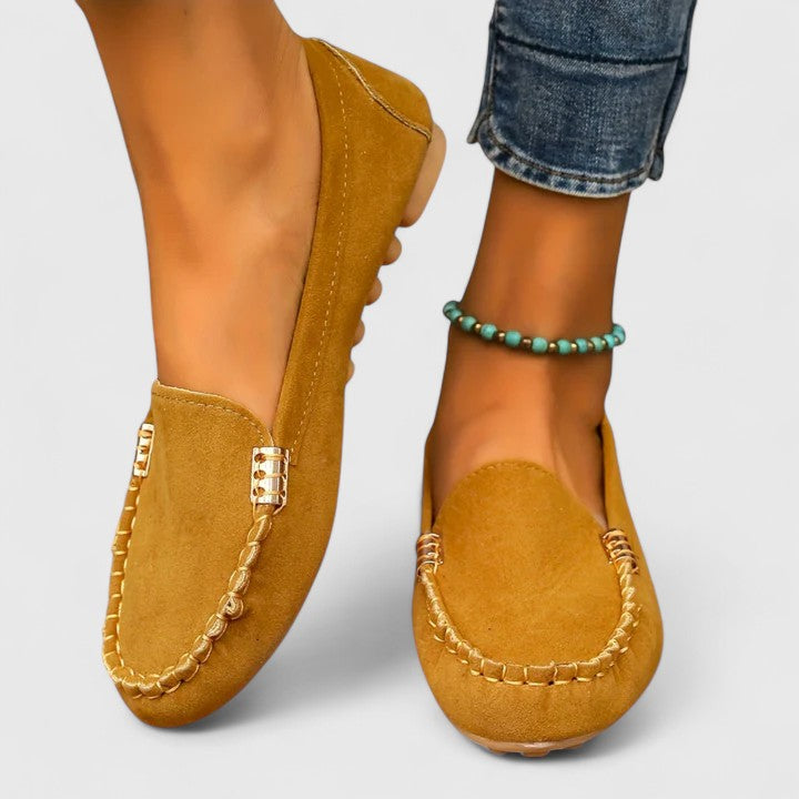 Women's Ergonomic Driving Moccasins with Whipstitch Detail and Metallic Accents