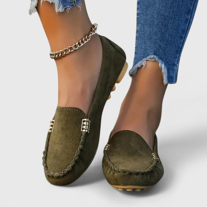 Women's Ergonomic Driving Moccasins with Whipstitch Detail and Metallic Accents