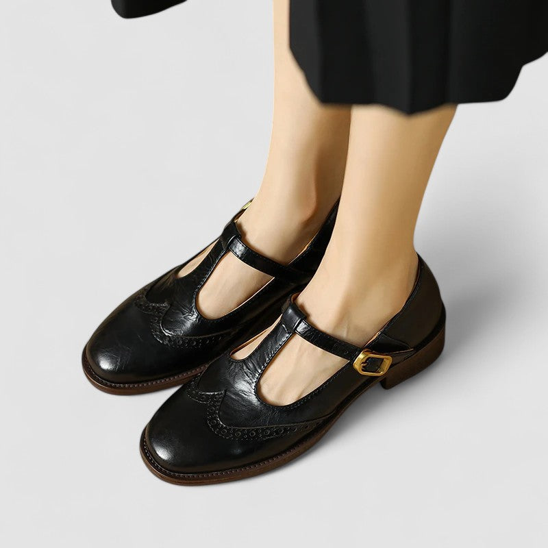 Women's Ergonomic Mary Jane Flats with Brogue Detailing and Buckle Strap
