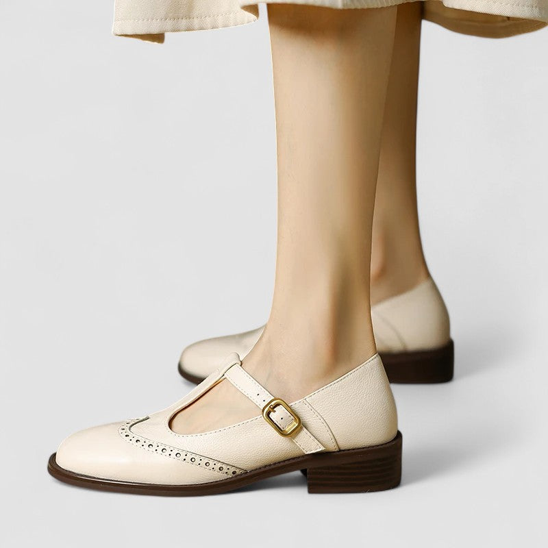 Women's Ergonomic Mary Jane Flats with Brogue Detailing and Buckle Strap