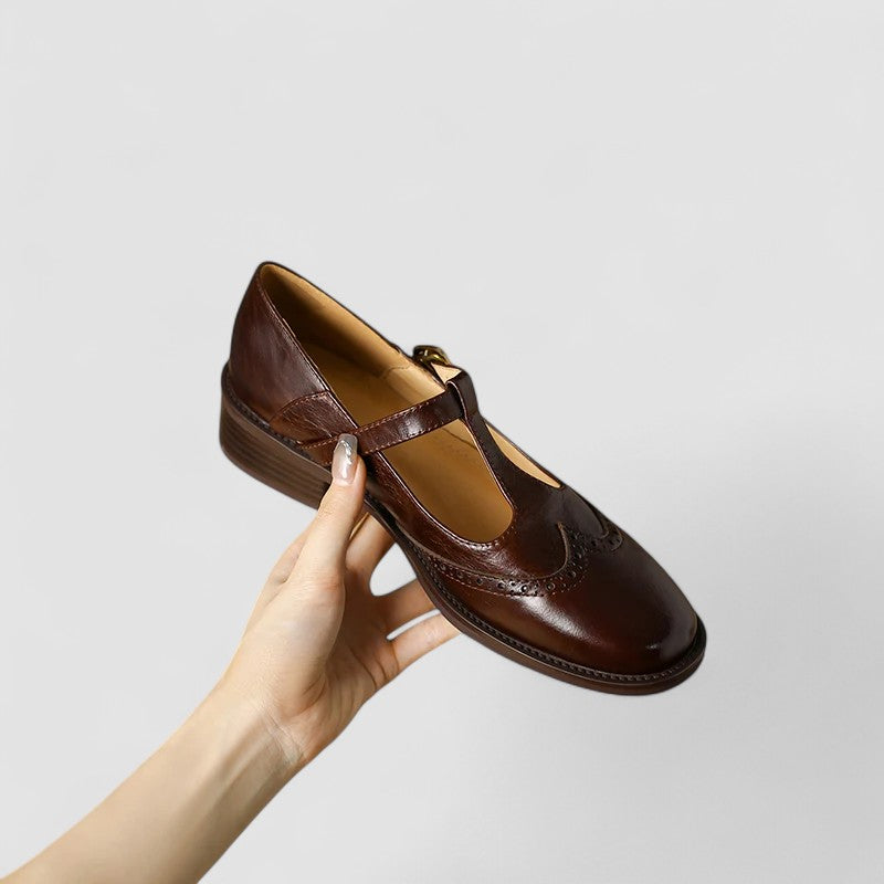 Women's Ergonomic Mary Jane Flats with Brogue Detailing and Buckle Strap