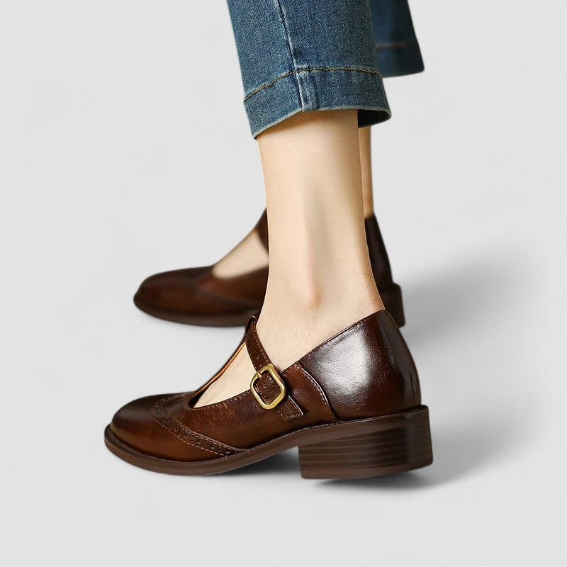 Women's Ergonomic Mary Jane Flats with Brogue Detailing and Buckle Strap