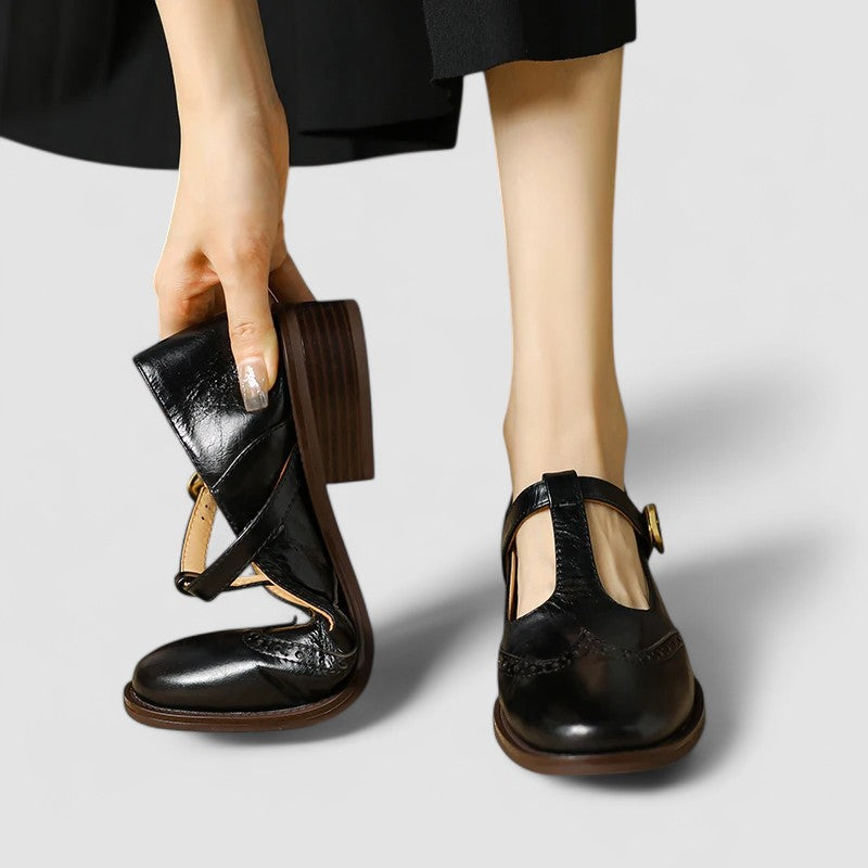 Women's Ergonomic Mary Jane Flats with Brogue Detailing and Buckle Strap