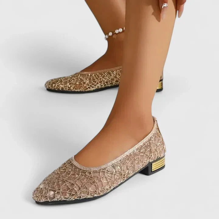 Women's Lace Ballet Flats with Pointed Toe and Metallic Low Heel