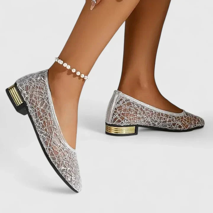Women's Lace Ballet Flats with Pointed Toe and Metallic Low Heel