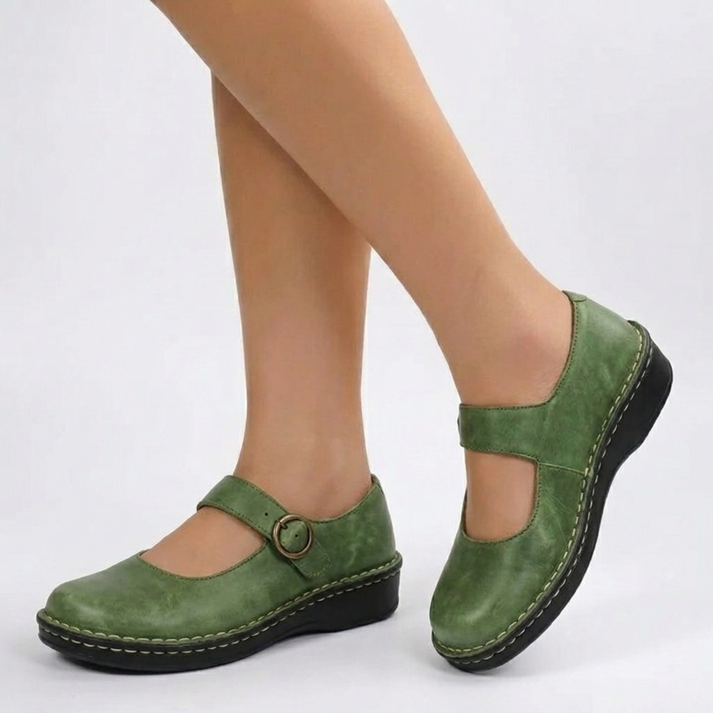 Women's Mary Jane Flats with Round Toe and Contrast Stitching