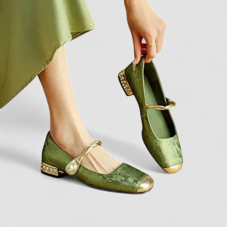 Women's Mary Jane Flats with Square Toe and Embellished Block Heel