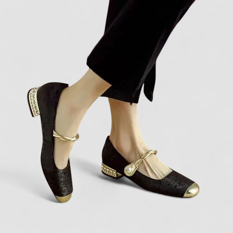Women's Mary Jane Flats with Square Toe and Embellished Block Heel