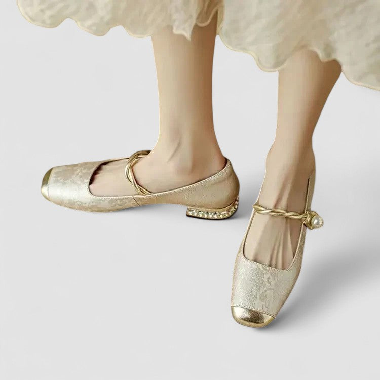 Women's Mary Jane Flats with Square Toe and Embellished Block Heel